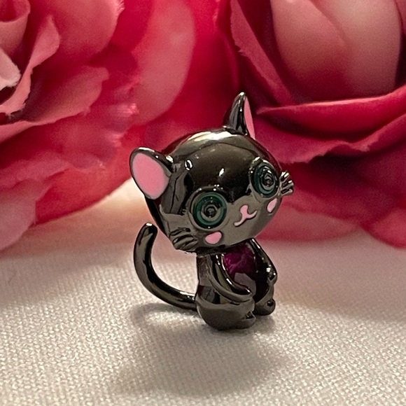 Charm for Pandora Bracelet Black Cat Holding a Rhinestone Heart Sterling Silver - Picture 13 of 13